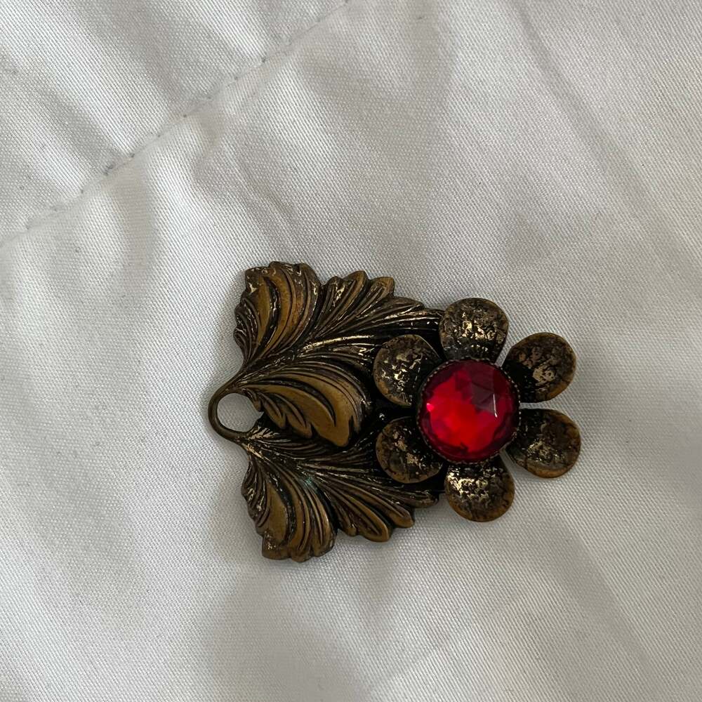 Antique Art Nouveau Red Czech Glass Repousse Brass Brooch